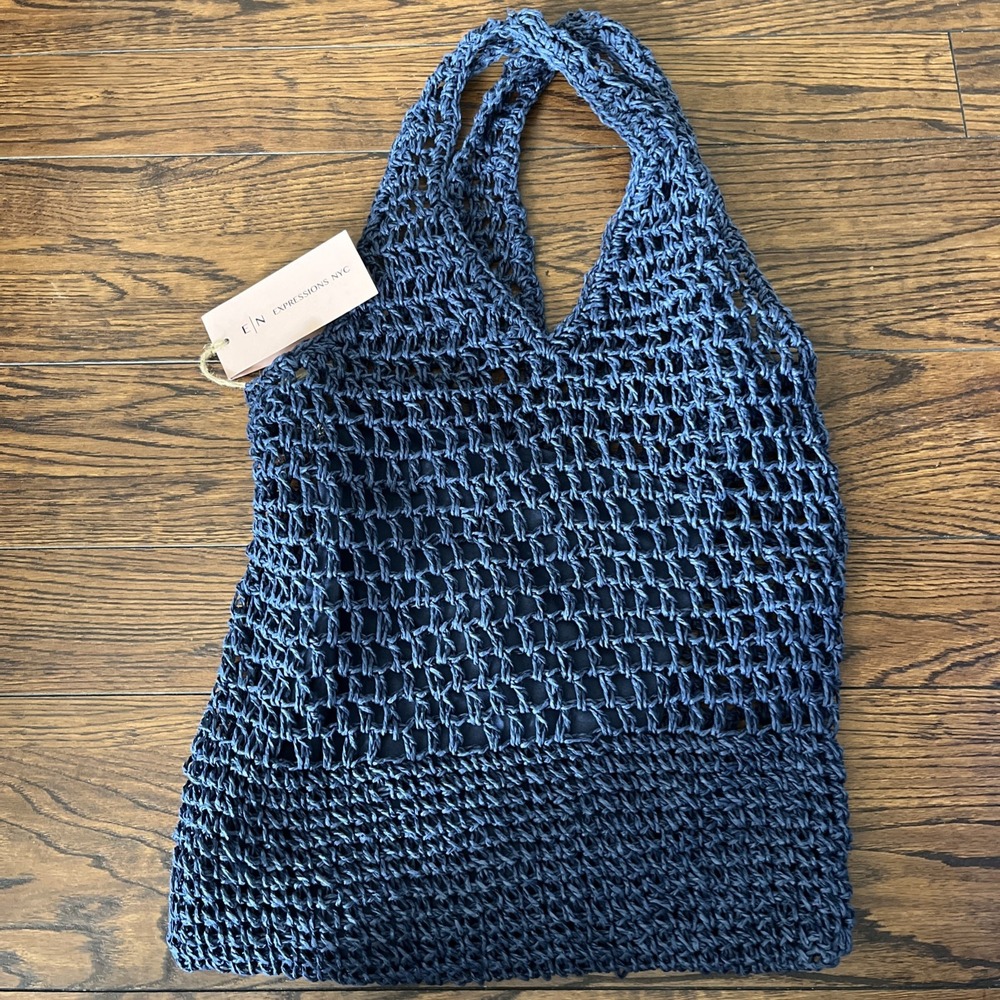 EN EXPRESSIONS NYC 14" Navy Blue  STRAW TOTE‎ W INSIDE Large Pouch